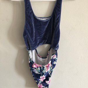 Blue, Floral Velvet One Piece Swimsuit